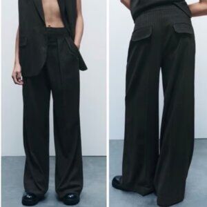Zara Black/ Gray Pleat Wide Leg Pinstripe Trouser Mid Waist Size Large